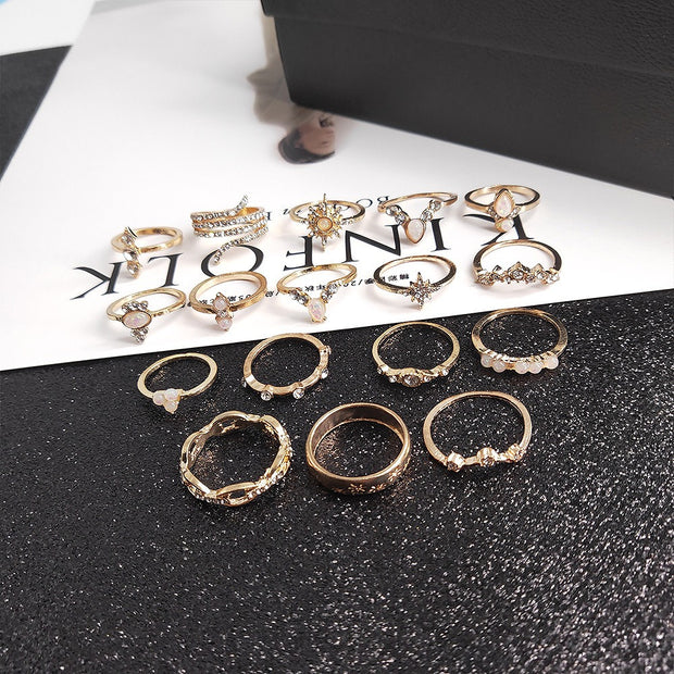 New Bohemian Style Ring 17 Pieces Set Of Diamond Set Ring Jewelry