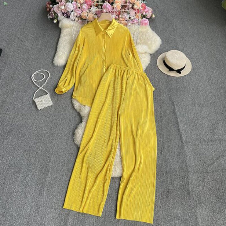 Causal Loose Two Piece Sets Autumn Long Sleeve Blouse+Wide Leg Pants Women Elegant Pleated Beige 2 Piece Pant Sets
