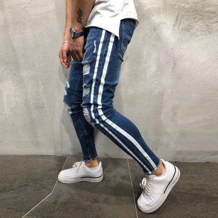 Ripped Side Striped Jeans Fashion Streetwear Mens Skinny Stretch Jeans Pants Slim Casual Denim Jeans jeans hombre