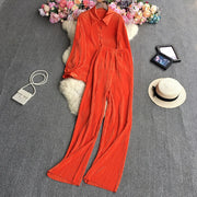 Causal Loose Two Piece Sets Autumn Long Sleeve Blouse+Wide Leg Pants Women Elegant Pleated Beige 2 Piece Pant Sets