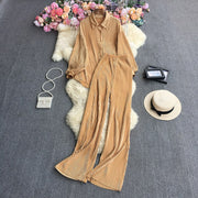 Causal Loose Two Piece Sets Autumn Long Sleeve Blouse+Wide Leg Pants Women Elegant Pleated Beige 2 Piece Pant Sets