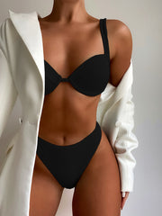 Hard Cup Bikini High Waist Solid Color Swimsuit