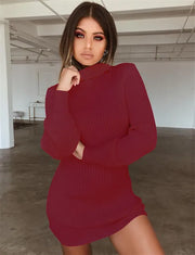 Autumn Knitted Long Sleeve Dress Solid Pullover Turtleneck Bodycon Dress Mini Latern sleeve Sweater Vintage Sexy Slim Knit Dress