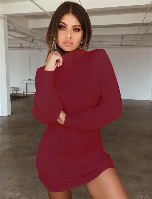 Autumn Knitted Long Sleeve Dress Solid Pullover Turtleneck Bodycon Dress Mini Latern sleeve Sweater Vintage Sexy Slim Knit Dress