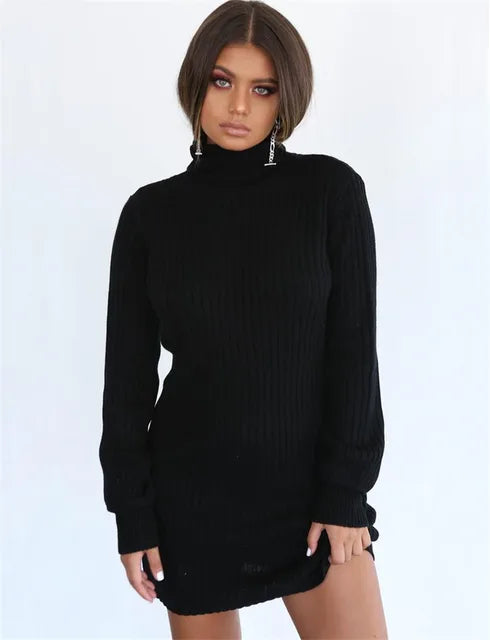 Autumn Knitted Long Sleeve Dress Solid Pullover Turtleneck Bodycon Dress Mini Latern sleeve Sweater Vintage Sexy Slim Knit Dress