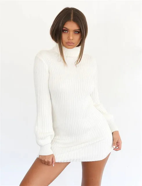 Autumn Knitted Long Sleeve Dress Solid Pullover Turtleneck Bodycon Dress Mini Latern sleeve Sweater Vintage Sexy Slim Knit Dress