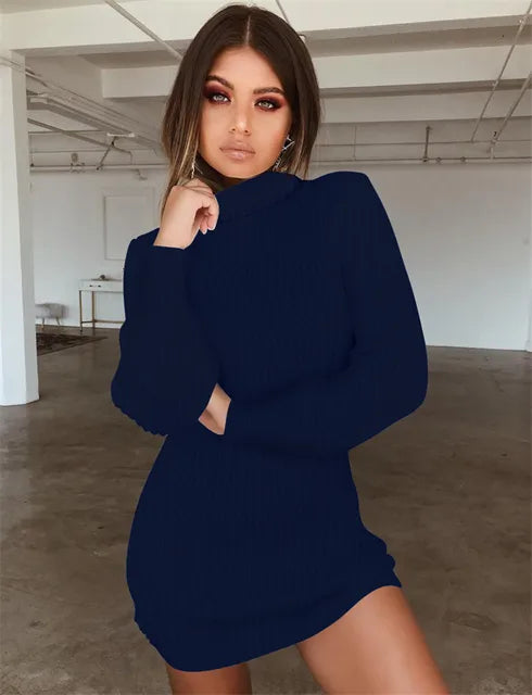 Autumn Knitted Long Sleeve Dress Solid Pullover Turtleneck Bodycon Dress Mini Latern sleeve Sweater Vintage Sexy Slim Knit Dress