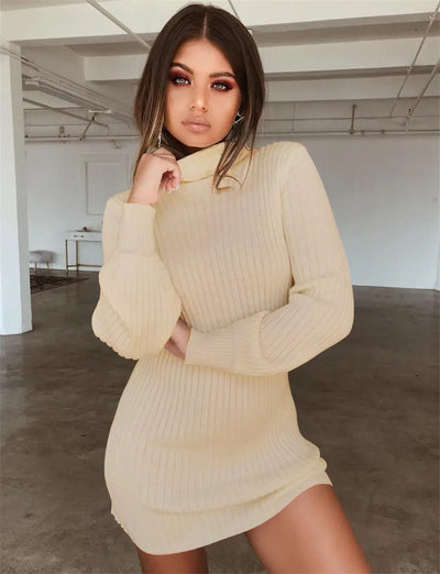 Autumn Knitted Long Sleeve Dress Solid Pullover Turtleneck Bodycon Dress Mini Latern sleeve Sweater Vintage Sexy Slim Knit Dress