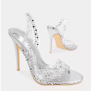 Plus Size Ladies Sandals Summer New Rhinestone Transparent High Heels Pointed Toe Stilettos