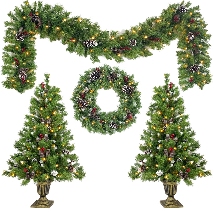 Christmas Tree Artificial Christmas 4-piece Set, including flower wreath, flower wreath, and 2 entrance trees, with LED lights