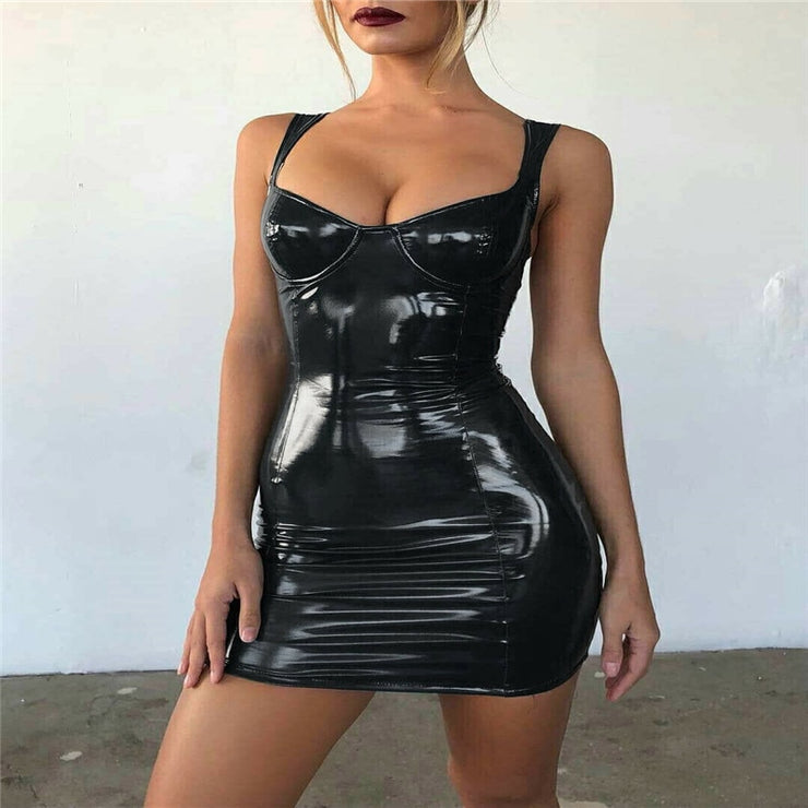 hirigin Women Latex Faux Leather Bodycon Mini Dress Summer Sleeveless Strap  Sexy Club Vestido