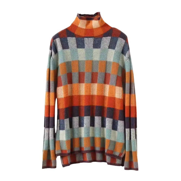 Autumn and winter high neck lazy slimming plaid sweater