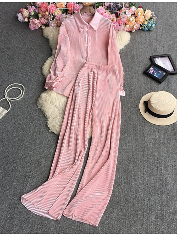 Causal Loose Two Piece Sets Autumn Long Sleeve Blouse+Wide Leg Pants Women Elegant Pleated Beige 2 Piece Pant Sets