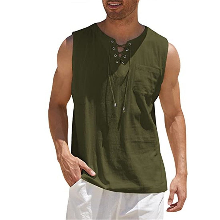 New Mens Tank Top Shirt Lace Up Fashion Solid Cotton Hemp Short Sleeve T shirt