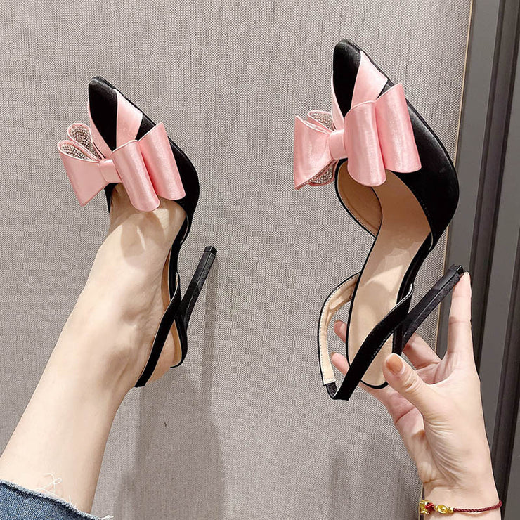 Pointed slim high heels, bow tie, rhinestone color matching, super high heels, sandals for women