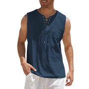 New Mens Tank Top Shirt Lace Up Fashion Solid Cotton Hemp Short Sleeve T shirt