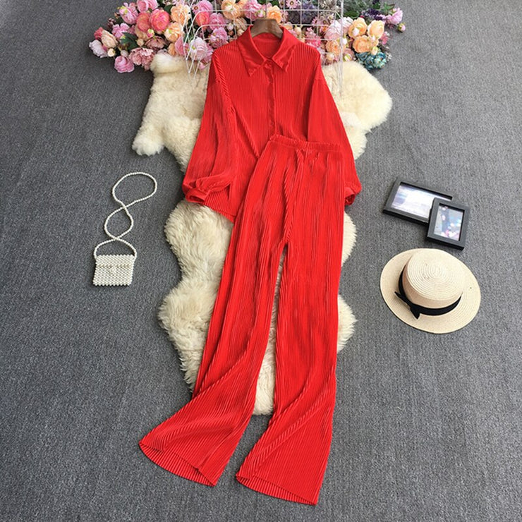 Causal Loose Two Piece Sets Autumn Long Sleeve Blouse+Wide Leg Pants Women Elegant Pleated Beige 2 Piece Pant Sets