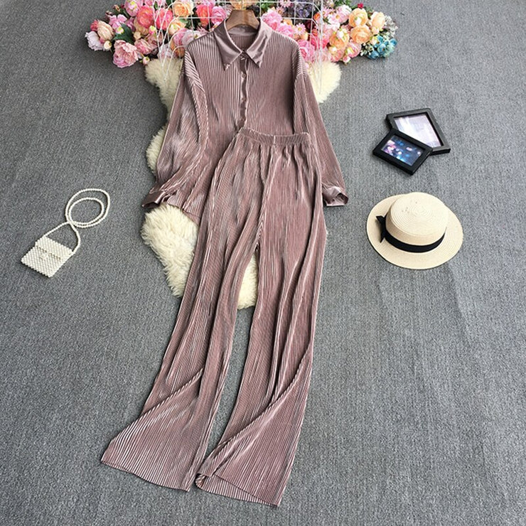 Causal Loose Two Piece Sets Autumn Long Sleeve Blouse+Wide Leg Pants Women Elegant Pleated Beige 2 Piece Pant Sets