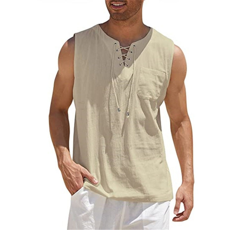 New Mens Tank Top Shirt Lace Up Fashion Solid Cotton Hemp Short Sleeve T shirt