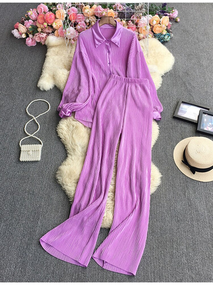 Causal Loose Two Piece Sets Autumn Long Sleeve Blouse+Wide Leg Pants Women Elegant Pleated Beige 2 Piece Pant Sets
