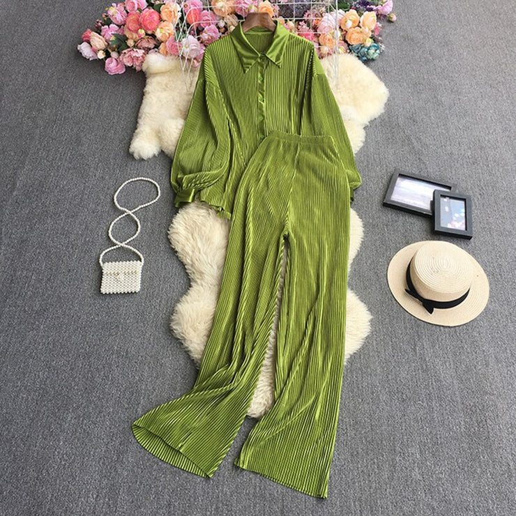 Causal Loose Two Piece Sets Autumn Long Sleeve Blouse+Wide Leg Pants Women Elegant Pleated Beige 2 Piece Pant Sets