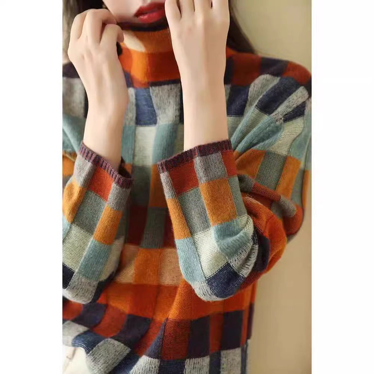 Autumn and winter high neck lazy slimming plaid sweater