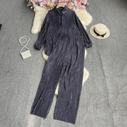 Causal Loose Two Piece Sets Autumn Long Sleeve Blouse+Wide Leg Pants Women Elegant Pleated Beige 2 Piece Pant Sets