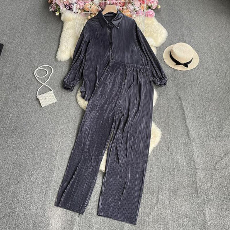 Causal Loose Two Piece Sets Autumn Long Sleeve Blouse+Wide Leg Pants Women Elegant Pleated Beige 2 Piece Pant Sets