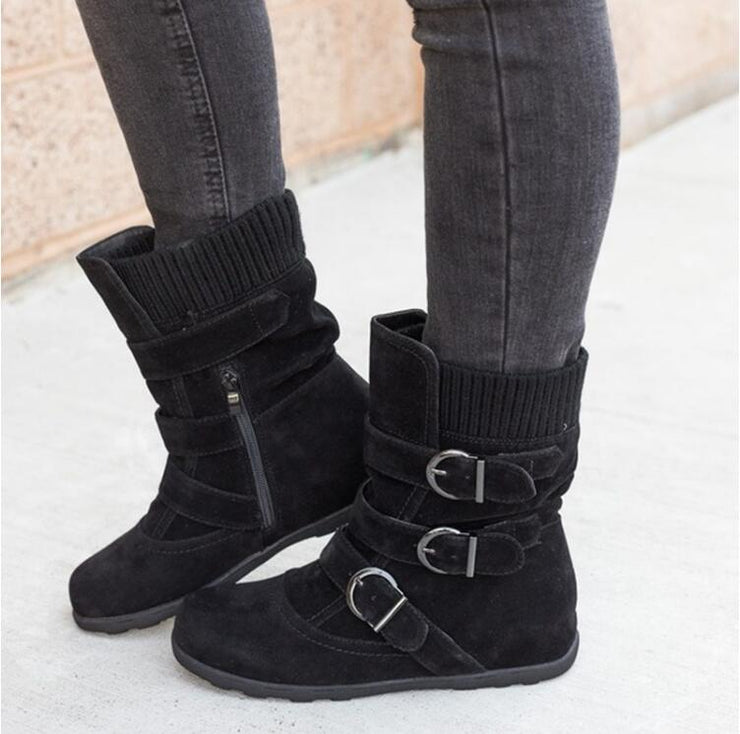 Winter buckled calf women's boots, winter women's warm zipper boots, plain flat shoes, large size women's casual boots