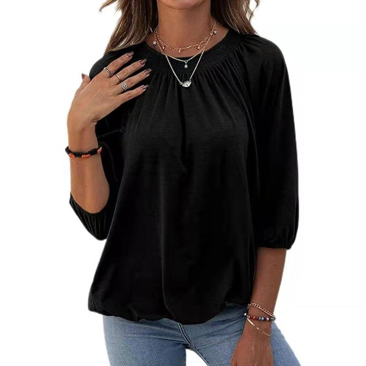 Spring New Solid Color Loose Round Neck 3 / 4 Sleeve Stretch T-Shirt Women's Wear