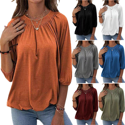 Spring New Solid Color Loose Round Neck 3 / 4 Sleeve Stretch T-Shirt Women's Wear