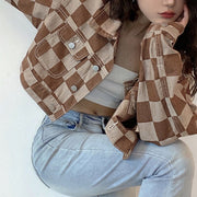 Vintage Brown Plaid Print Short Denim Jacket Women Korean Style Button Loose Jeans Coat Autumn Harajuku Outerwear 90s Iamhotty