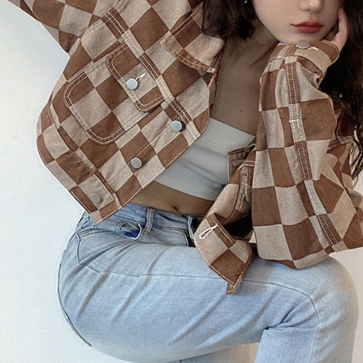 Vintage Brown Plaid Print Short Denim Jacket Women Korean Style Button Loose Jeans Coat Autumn Harajuku Outerwear 90s Iamhotty