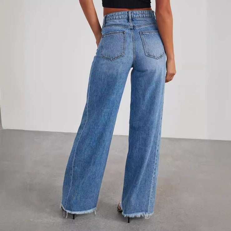 Loose wide leg side seam splicing, brushed hem denim jeans for women