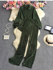 Causal Loose Two Piece Sets Autumn Long Sleeve Blouse+Wide Leg Pants Women Elegant Pleated Beige 2 Piece Pant Sets