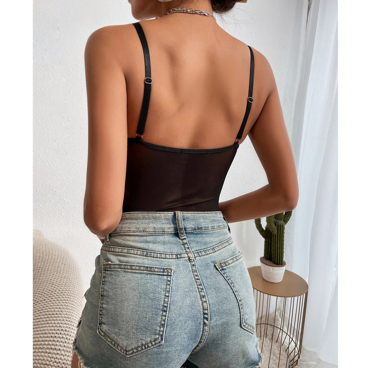 Summer New Sexy See-Through Backless Lace Fishbone Stitching Jumpsuit Bodysuit