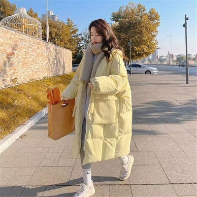 Milk Yellow Down Cotton Jacket For Women Medium Long Winter Style Chic Loose And Thickened Cotton Jacket