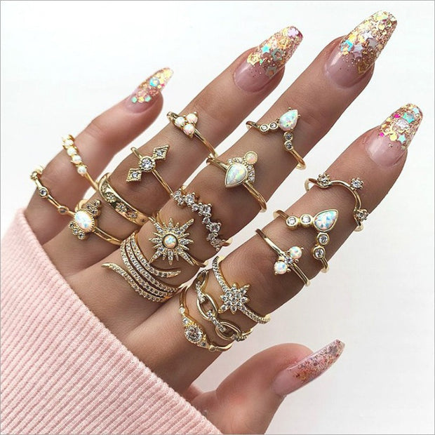 New Bohemian Style Ring 17 Pieces Set Of Diamond Set Ring Jewelry