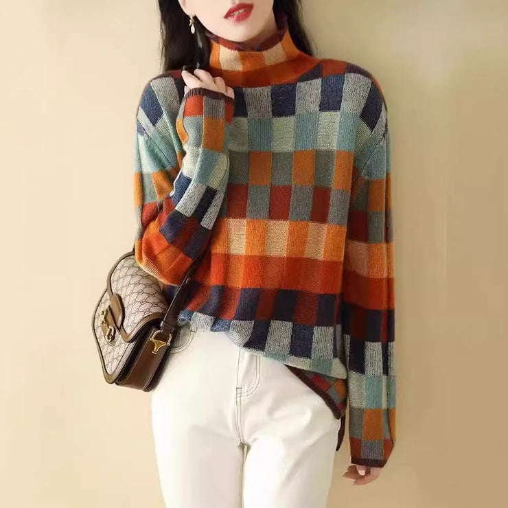 Autumn and winter high neck lazy slimming plaid sweater