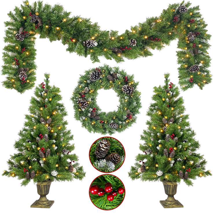 Christmas Tree Artificial Christmas 4-piece Set, including flower wreath, flower wreath, and 2 entrance trees, with LED lights