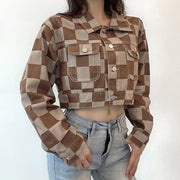 Vintage Brown Plaid Print Short Denim Jacket Women Korean Style Button Loose Jeans Coat Autumn Harajuku Outerwear 90s Iamhotty