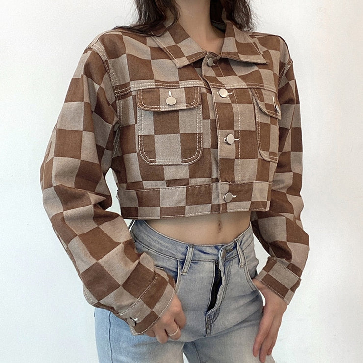Vintage Brown Plaid Print Short Denim Jacket Women Korean Style Button Loose Jeans Coat Autumn Harajuku Outerwear 90s Iamhotty