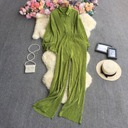 Causal Loose Two Piece Sets Autumn Long Sleeve Blouse+Wide Leg Pants Women Elegant Pleated Beige 2 Piece Pant Sets
