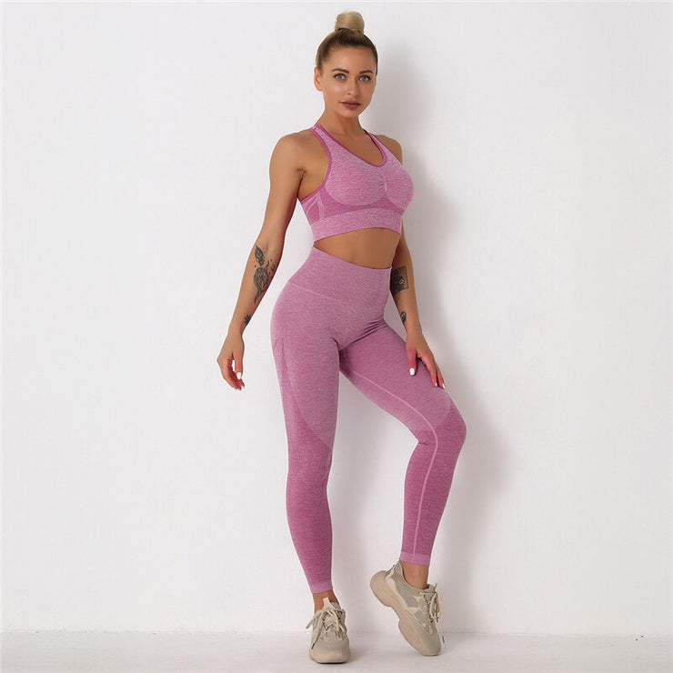 Yoga Set Feamle Two 2pcs Piece Crop Top Bra High Waist Leggings Sportsuit Workout Outfit Sport Gym Wear Suit