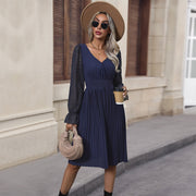 Spring and Autumn Hot Selling Fashion Women's Wear Solid Color V-neck Dress European and American Elegance