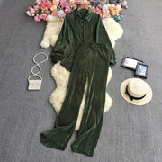 Causal Loose Two Piece Sets Autumn Long Sleeve Blouse+Wide Leg Pants Women Elegant Pleated Beige 2 Piece Pant Sets