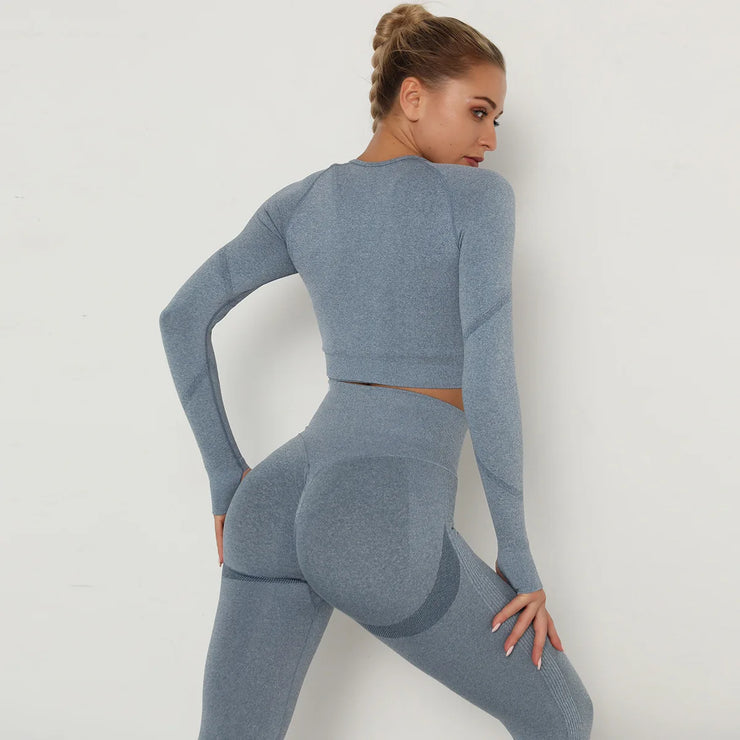 Seamless Women Gym Set Long Sleeve Top High Waist Belly Control Sport Leggings Gym Clothes Seamless Sport Suit Sexy Booty Girls