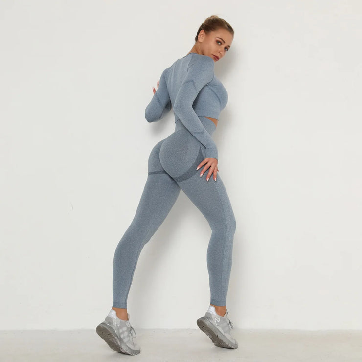 Seamless Women Gym Set Long Sleeve Top High Waist Belly Control Sport Leggings Gym Clothes Seamless Sport Suit Sexy Booty Girls