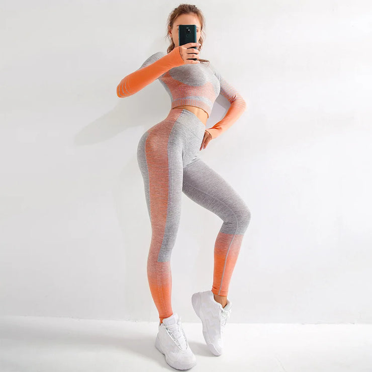 Sport Set Women Seamless Yoga Set Women Gym Clothes Long Sleeve Ombre Legging set High Waisted Winter Gym Wear Tight Yoga Suit