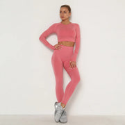 Seamless Women Gym Set Long Sleeve Top High Waist Belly Control Sport Leggings Gym Clothes Seamless Sport Suit Sexy Booty Girls